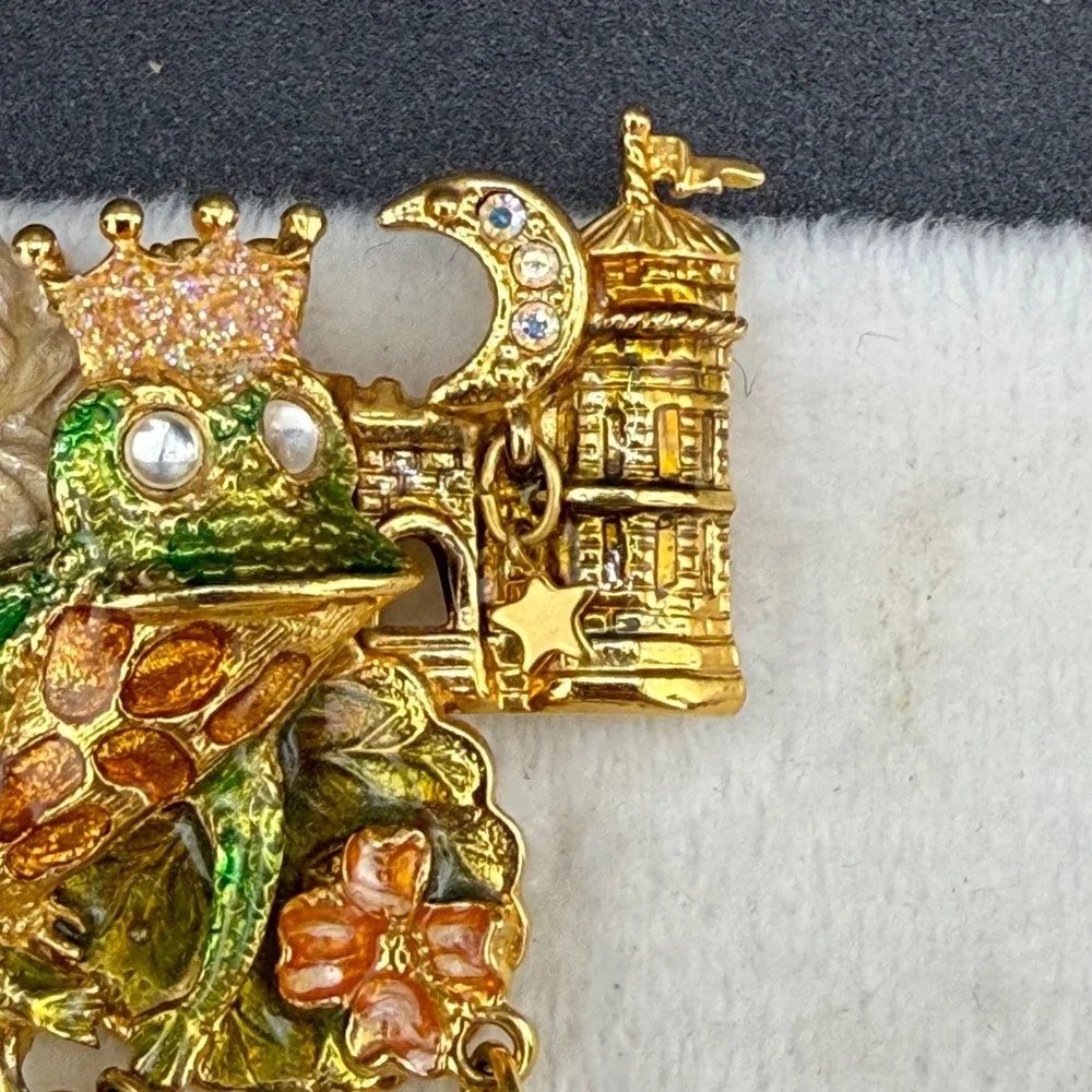 Vintage Kirks Folly Frog Prince Brooch Gold Tone Enamel Rhinestone Signed